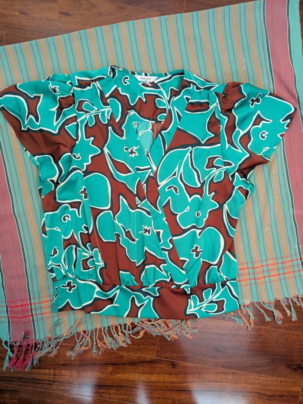 Vibrant Teal & Brown Abstract Print Blouse